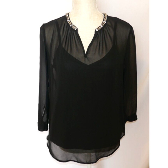 Liz Claiborne 3/4-Sleeve Embellished V- Neck Black Sheer Blouse and slip Size S - Picture 5 of 16